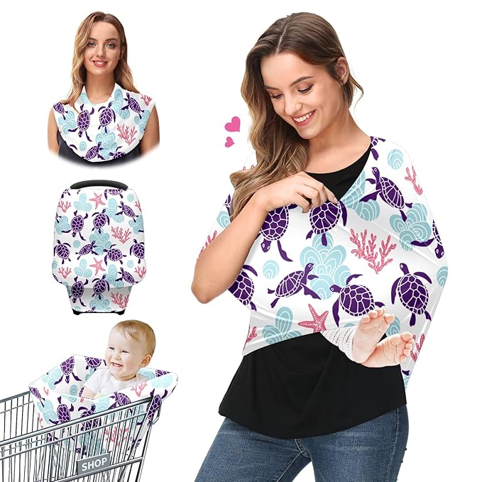 Baby Car Seat Stroller Covers Purple Sea Turtles Marine Starfish Nursing Cover Breastfeeding Scarf Soft Breathable Stretchy Coverage Carseat Canopy Cover for Boys and Girls Soft Breathable Multi Use