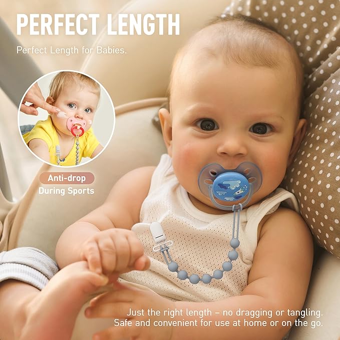 Cuddle Campus Silicone Pacifier Clip Holder with One Piece Design,Soft Flexible Binky Clips with Texture for Baby Boy and Girl Pack of 5 Plastic Clip (0-6m)