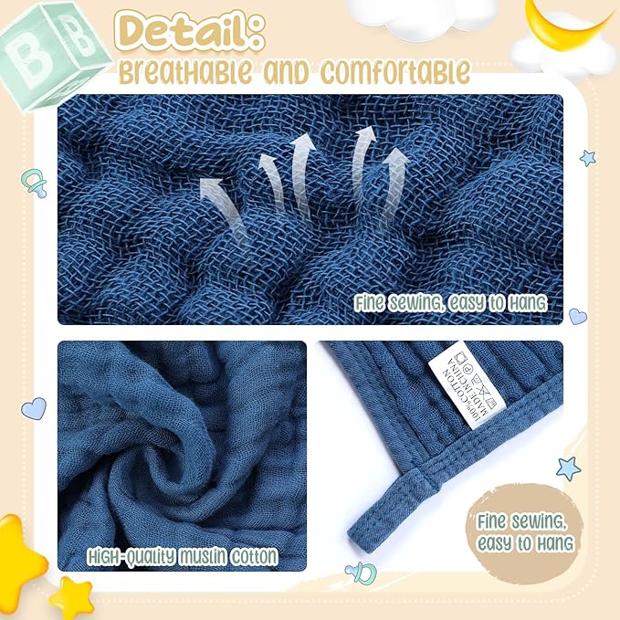 Breling 12 Pcs Muslin Hooded Baby Bath Towel, Hand Towels and Washcloth Set, 36"x 36" Cotton Newborn Bath Towel Cotton Absorbent Blanket Unisex Newborn Gift Essentials for Girl Boy (Blue Series)