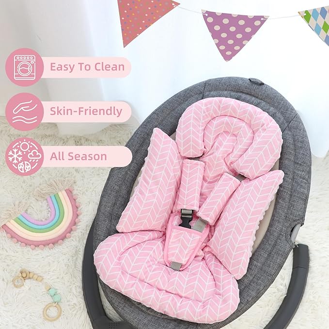 4 in 1 Infant Car Seat Insert, Baby Car Seat Head Body Support for Girls & Boys, Reversible Newborn Car Seat Insert with 3 Extra Strap Paddings, Premature Car Seat Cushion (Stripes Pink)