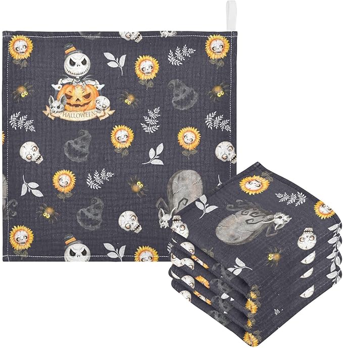 vvfelixl Halloween Skulls Horror Monsters Baby Burp Cloths Baby Muslin Washcloths for Boys Girls Cotton Baby Face Towel for Newborn Infants Soft and Absorbent 11.8 X 11.8 in, 5 Pack Black