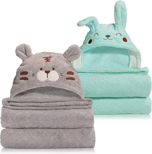 2 Pack Hooded Towels for Toddlers, Thick 55" x 27.5" Baby Bath Towel Set for Girls and Boys, Toddler Towels with Animal Hood and Buttons, Gray Tiger & Green Rabbit Set