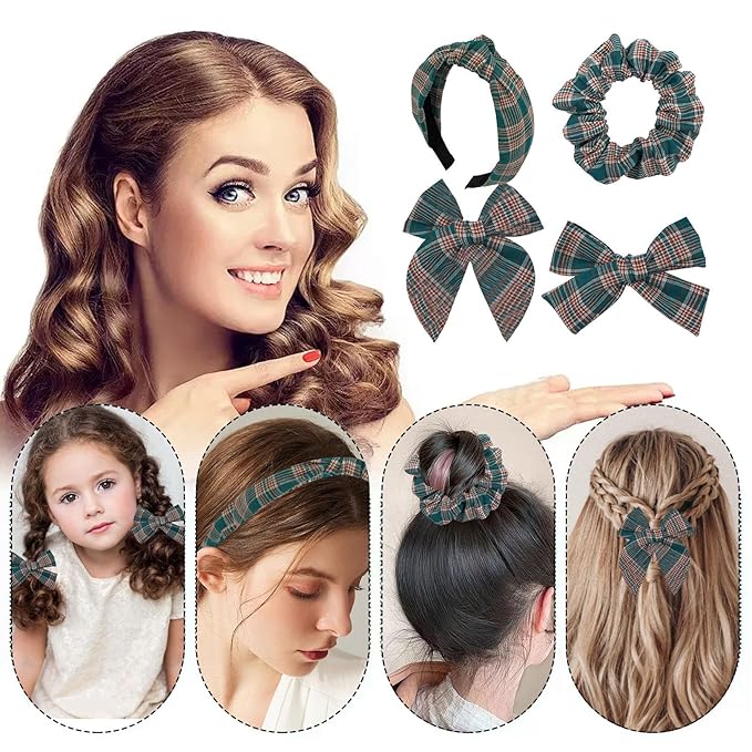 5 Pcs Plaid Headband Set with Knot Scrunchies, Padded Bows, Christmas Hair Clips for Women & Girls (Green)