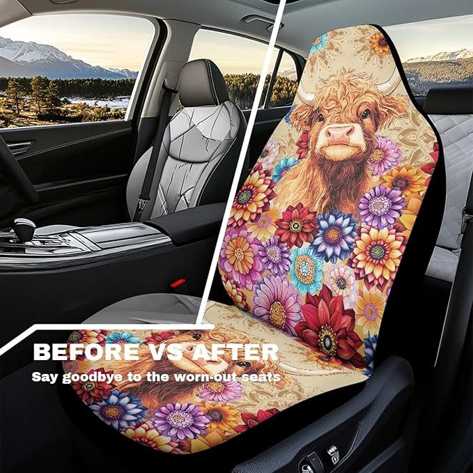 Highland Cow Flower Waterproof Car Seat Cover Universal Front Car Seats Easy to Install Breathable Front Seat Cover Universal for Auto Truck Van SUV 2 Pcs