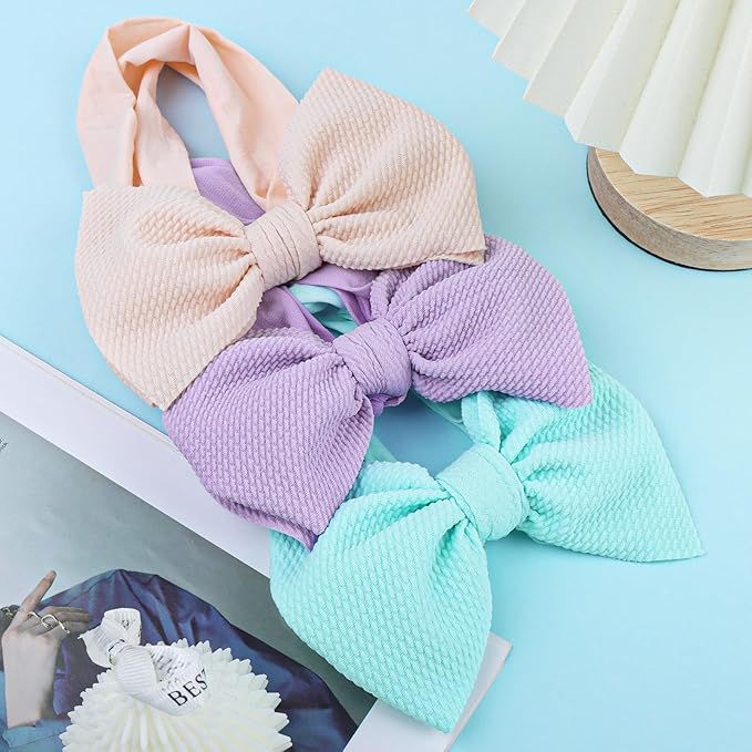 Big Bows Headbands for Baby Girls - Waffle Large Hair Accessories, Infant Toddler Headwrap 3 Pack Purple Ivory Light Blue