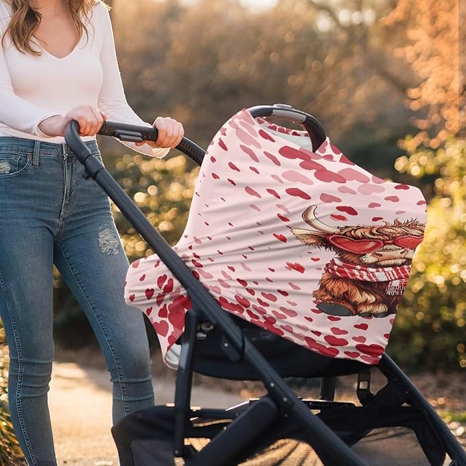 Wanyint Stretchy Baby Car Seat Cover Nursing Breastfeeding Shopping Cart High Chair Stroller Covers Infinity Scarf Car Seat Canopies for Valentine's Day, Highland Cow Heart Pink