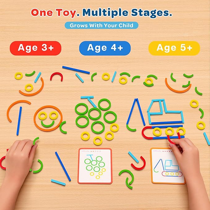 Montessori Smart Sticks Learning Set with Rings and Challenge Cards, 120PCS Creative Building Kit, STEM Toys for 3 4 5 Year Old Kids, Preschool Montessori Learning Activities