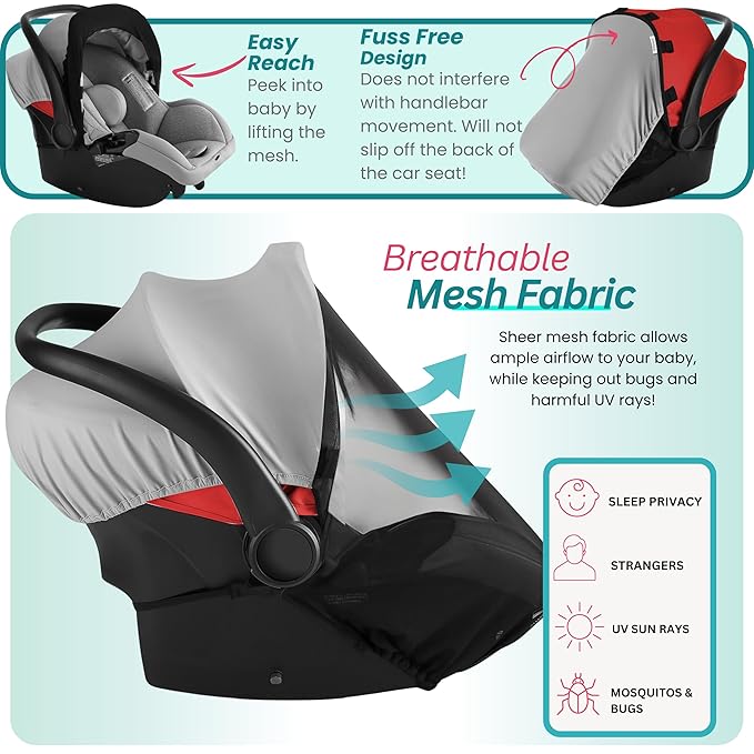 Car Seat Cover Baby - Infant Newborn Carseat Cover for Summer - Doona Car Seat Cover - Mosquito Net for Car Seat - Breathable Sunshade Extension Canopy Bug Protector