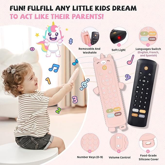 KIRALUMI Baby Remote Control Toy with Silicone Teether Cover - Baby Musical Toys, Early Number Learning in 3 Languages (English, Spanish & French), Preschool Infant Girl Toys 6, 9, 12, 18 Month.