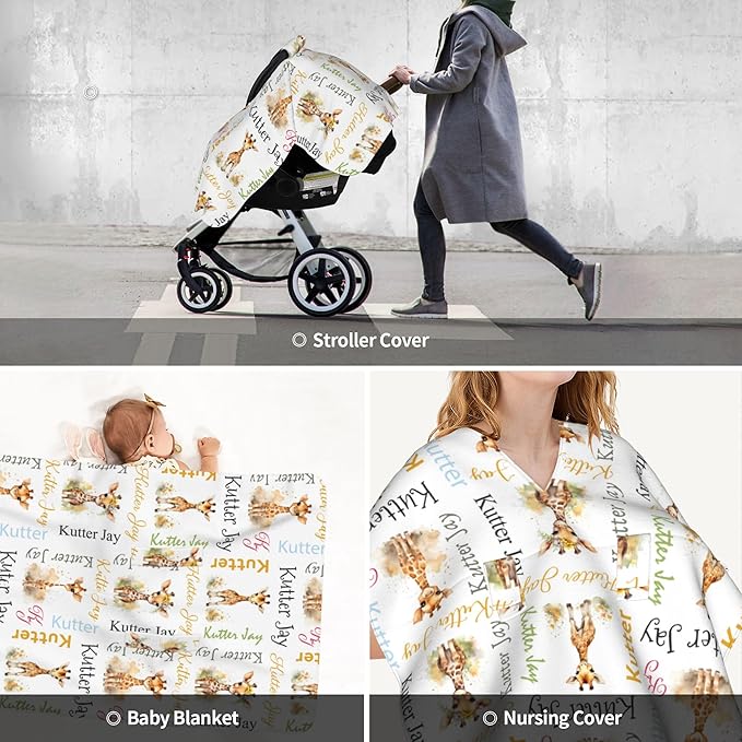 Personalized Baby Car Seat Cover Winter Custom Minky Carseat Cover Boy Girls with Name Giraffe Carseat Canopy Customized Car Seat Canopy Infant Carrier Covers Nursing Cover Toddler Blanket