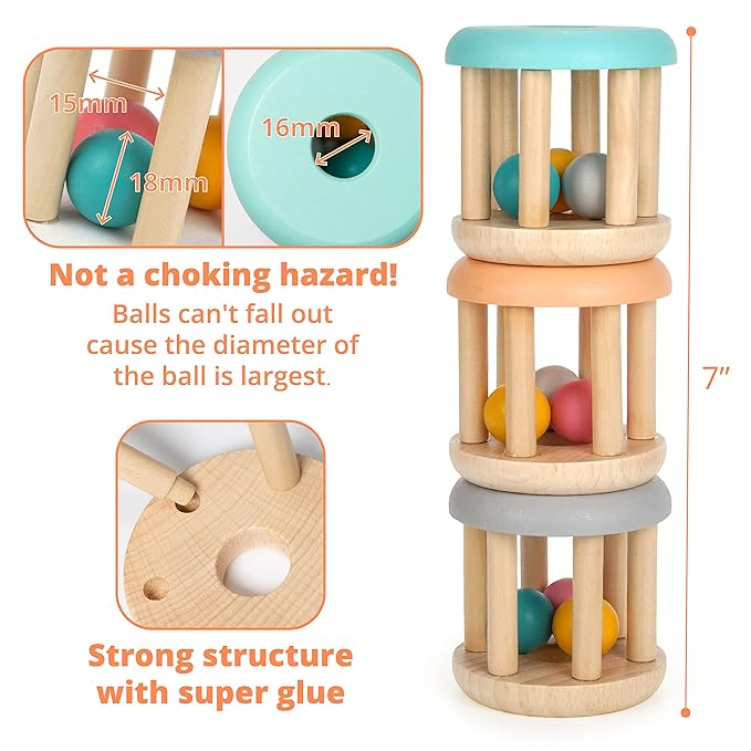 DUCKBOXX XX® Montessori Infant Educational Toys, Natural Wood Rolling Rattle Toy, Early Learning Toy for Developing Fine Motor Skills and Color Recognition, for Ages 0m–2yrs (Burlywood Base - 3pcs)