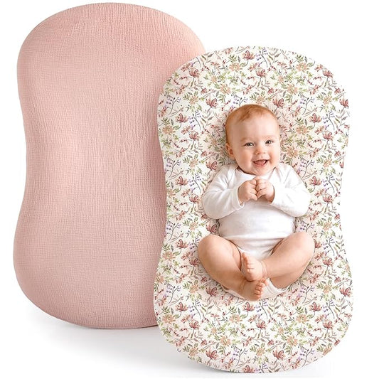 Termichy Baby Lounger Covers Muslin: Soft and Breathable Slipcover for Snuggle Me Lounger - Machine Washable & Zipper-Free for Safe Daily Use - Pink Floral for Girls