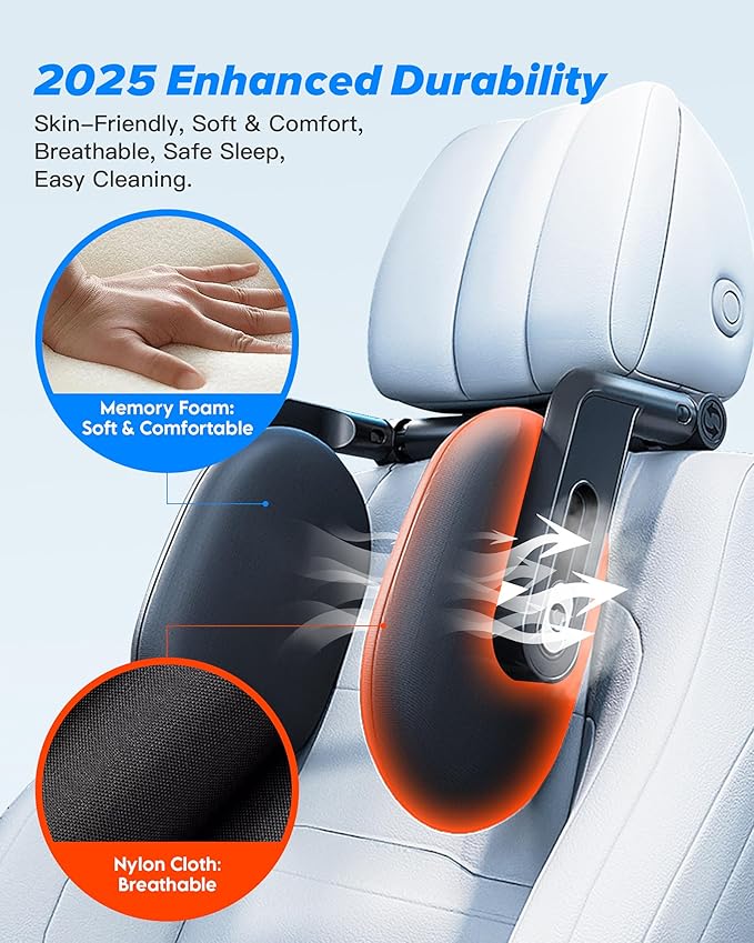 RunSnail Car Headrest Pillow, 2025 Upgrade 360° Rotating Travel Headrest, 3-Point Linkage Adjustable, Thickened Breathable Memory Foam Headrest, Travel Car Sleeping Pillow for Kids, Adults