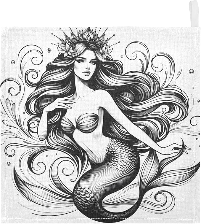 Bolaz Washcloths Set Bathroom Kitchen Wash Cloths Face Towels Wipes Mermaid Sketch Decorative 12x12 Inch 5 Pack