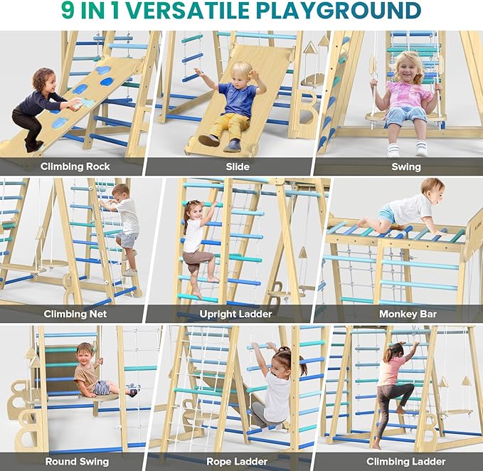 BlueWood Upgraded Indoor Jungle Gym 9-in-1 Playground Kids Climbing Toys, Waldorf Style Wooden Climber Playset with Slide, Swing, Monkey Bars, Upright/Rope Ladder, Climb Net, Blue