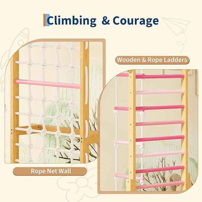 PeakPursuit 8-in-1 Indoor Jungle Gym for Kids Ages 3-10, Wooden Climbing Structure with Slide, Swing, Monkey Bars, Gymnastic Rings, Climbing Rope – Indoor Playground Toy – Natural Wood Pink