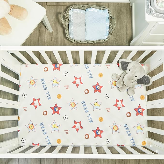 2 Pack n Play Mattress Sheets – 100% Percale Weave Cotton Soft Portable Crib Mattress Sheets for Boys with Jungle Sports and Solid Blue Design; 2 Pc Playpen Mattress or Mini Crib Sheet Fitted Set