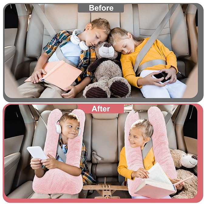 Hoteam 2 Pcs Travel Pillow Car Sleeping Kid Neck U Shaped for The Back Seat Adults Children Head and Body Support Long Distance Journey Accessories (Light Pink)