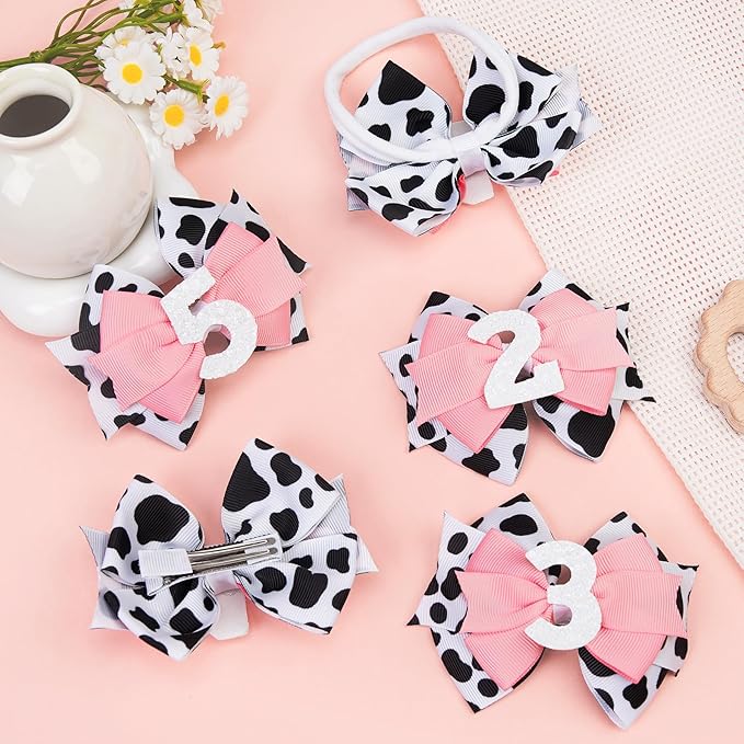 Cow Print Birthday Bow Hair Clip, Pink Farm Animal Theme 3 Year Old Hair Bow Clip Accessory for Toddler Girls Party Baby Shower Decor