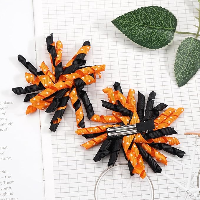 Yxiang 2PCS Orange Korker Hair Bow Clips Toddler Girls 3'' Curly Corker Ribbon Hair Clip Spiral Swirl Festival Decor Accessories Kids Gift