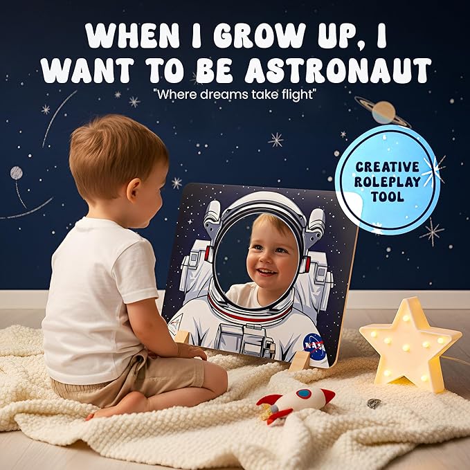 NASA Themed Astronaut Mirror for Toddlers & Kids – Montessori-Inspired Wooden Toy & Space Toy | Kids Room Decor | Shatterproof Mirror for STEM & Early Development | Boys and Girls Gift Ages 1-10