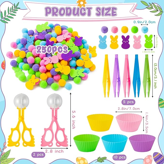 EZdhuawuse Summer Bunny Sensory Bin Fillers - 268Pcs Summer Bunny Fine Motor Toys Color Counting Sorting Set for Kids, Felt Colorful Rabbits Pom Poms Cup Clip for Preschool Education Family Activities