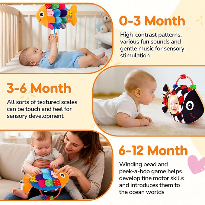 Baby Sensory Tummy Time Toys 0-6 Months Music Fish Toy for Infant 3 4 5 6 Month Old Black and White High Contrast Newborn Toys with Mirror Crinkle Rattle for 3-6 6-12 Months Baby Boy Girl Shower Gifts