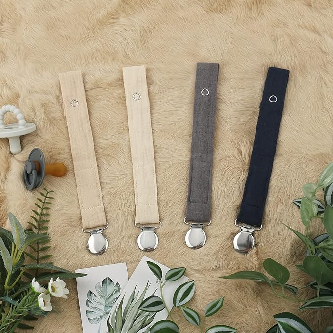 Baby Pacifier Clip Leash Holder Unisex for 4 Pack Gift Set with Neutral Solid Colors ;Soft Linen Pacifier Clips ; Fabric Pacifier Strap with Clip Keeps Pacifiers & Teethers in Place
