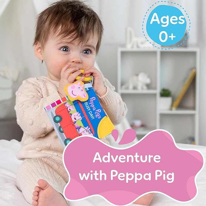 Kids Preferred Peppa Pig Soft Book with Ribbons, Teether Corner, Squeaker, Crinkle Pages, Flaps, On-The-Go Clip, Ages 0 Months and Up, 6.5 inches