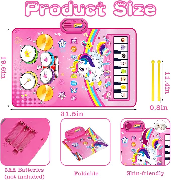 Toys for 1 Year Old Girl Gifts: Baby Music Mat Toddler Toys Age 1-2 - 3 in 1 Piano Drum Animal Touch Unicorn Toy - Infant Musical Toy 12-18 Months Babies Birthday Easter Gifts for 1 2 3 Year Old Girls