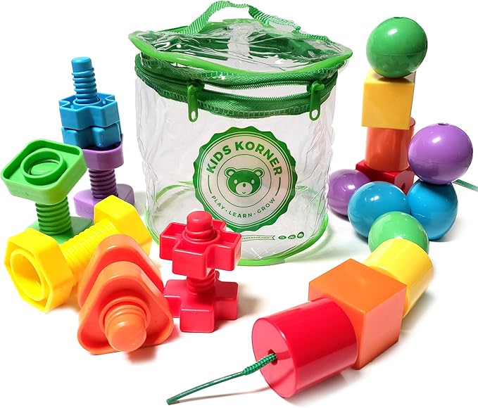 Jumbo Beads & Bolts Game Set - 2-in-1 Fine Motor Matching Educational Stringing & Twisting Toys for Toddlers with 12 pc Lacing Beads and 12 pc Nuts & Bolts, Toy Storage & Learning Activities eBook
