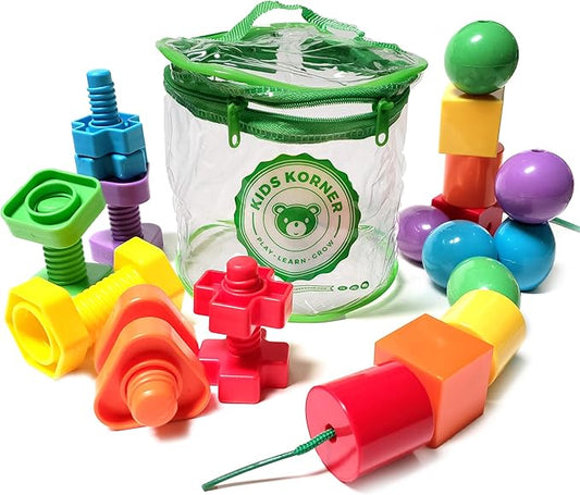 Jumbo Beads & Bolts Game Set - 2-in-1 Fine Motor Matching Educational Stringing & Twisting Toys for Toddlers with 12 pc Lacing Beads and 12 pc Nuts & Bolts, Toy Storage & Learning Activities eBook