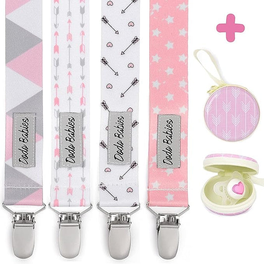 Dodo Babies Pacifier Clip & Case Set - Universal Holder Loop & Pacifier Holder - Secure Binkie Clip for Bibs & Car Seat - Durable Water-Resistant Straps for Baby Essentials - 5-Piece Set, Pink & Gray