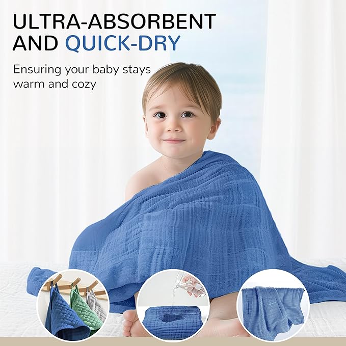 Momsnug 3-Pack Muslin Hooded Baby Towels, 100% Cotton, Ultra-Soft & Absorbent Baby Bath Towels with Hood for Babies, Infant, Toddler and Newbron(Green + Grey + Dark Blue，35" X 35'')