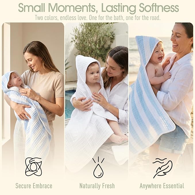Muslin Hooded Baby Towel 4 Pack, 100% Organic Premium Cotton, (2) 6-Layer 32x32 Bath Towels & (2) Washcloths, Soft Newborn & Infant Gift Set (Blue Stripe & White)