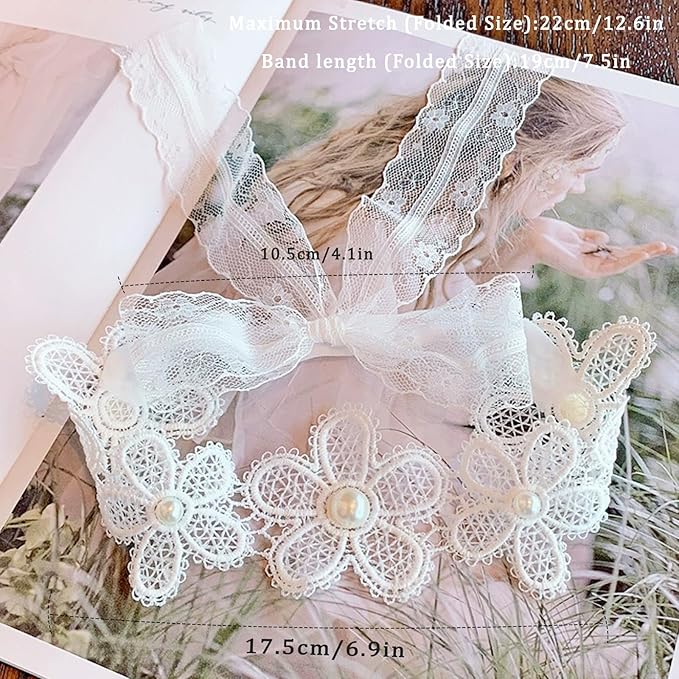 Baby Girls Hairband White Bow Lace Headbands Handmade Soft Stretchy Wide Head Band Newborn Hairbands with Bows Pearls Elastic Headband for Infant Hair Accessories（White Lace Flowers）