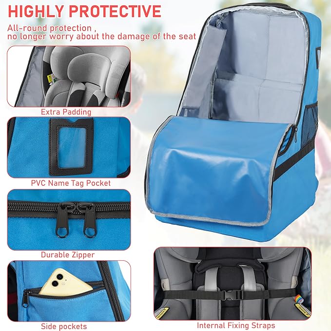 IBVIVIC Car Seat Travel Bag Heavy Duty Car Seat Bag for Airplane Gate Check Car Seat Backpack with Shoulder Strap, Blue