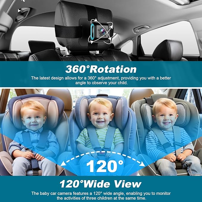 Baby Car Mirror, 4.3'' HD Night Vision Function Mirror Display, Wide View Baby Car Camera Monitor 1080P Rear Facing Monitor, 360 Rotation Backseat Camera Black YB-405CA
