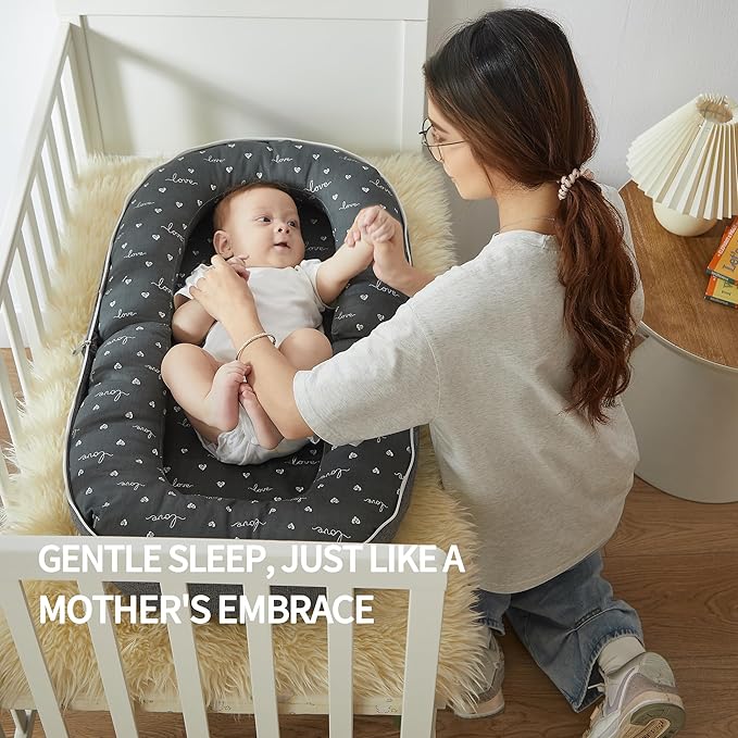 Baby Lounger for Newborn, 0-12 Months, Portable Infant Lounger Pillow with Adjustable Support, Soft Breathable Cover, Folds Into Backpack for Travel, Ideal for Home & Outdoor Use - Gray