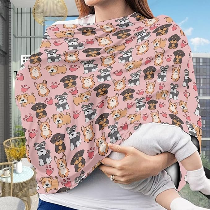 GIFTPUZZ Cute Dogs Stretchy Car Seat Cover for Babies, Nursing Cover Breastfeeding Cover, Soft Breathable Infant Carseat Canopy, Shopping Cart Cover, Baby Shower Gifts for Boys and Girls