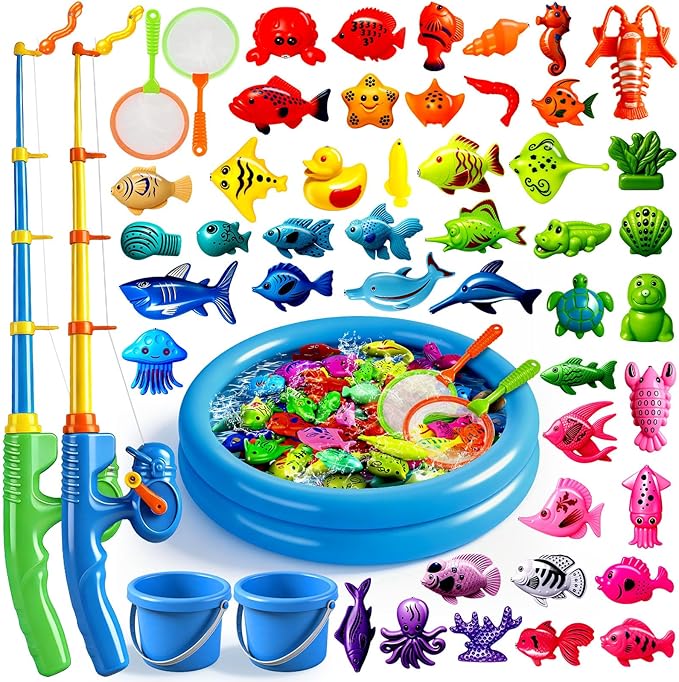 CozyBomB™ Magnetic Fishing Toys Game Set for Kids | Water Table Bathtub Kiddie Pool Party Pole Rod Net, Outdoor Plastic Floating Fish, Toddler Bath Color Ocean Sea Animals Birthday Gift Age 3-5 6 4-8