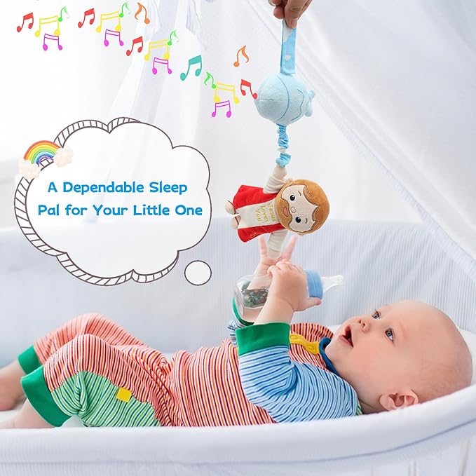 Yelakey Baby Jesus Musical Hanging Plush Toy with Lullaby Music Box Sensory Crib Toy for Newborn Baptism First Birthday Gift