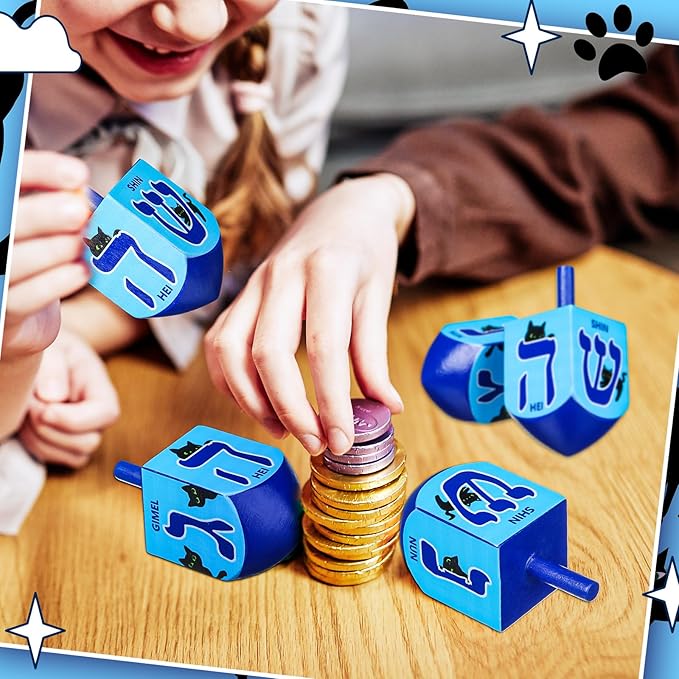 Wonderjune 2 Pcs Hanukkah Dreidels Extra Large Wooden Dreidel for Hanukkah Decoration with English Transliteration, Forever Spinning Tops Party Favors(Cat)