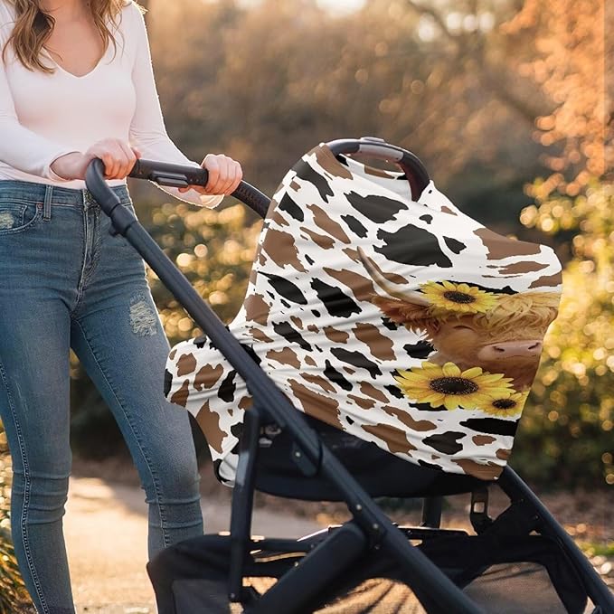 Wanyint Nursing Cover Carseat Canopy Cover Adorable Car Seat Covers for Babies Girls Boys Breathable Nursing Cover for Boys Girls Home Decor, Highland Cow Sunflower Brown Cow Print