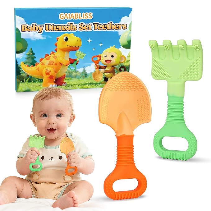 Baby Teething Toys, Baby Teether Toys Shovel & Rake Silicone Teethers for Babies 0-6 Months 6-12 Months, Multi-Texture Gum Massage Teething Relief Easy Grip for Infants Newborn Toddler, 2 Pack