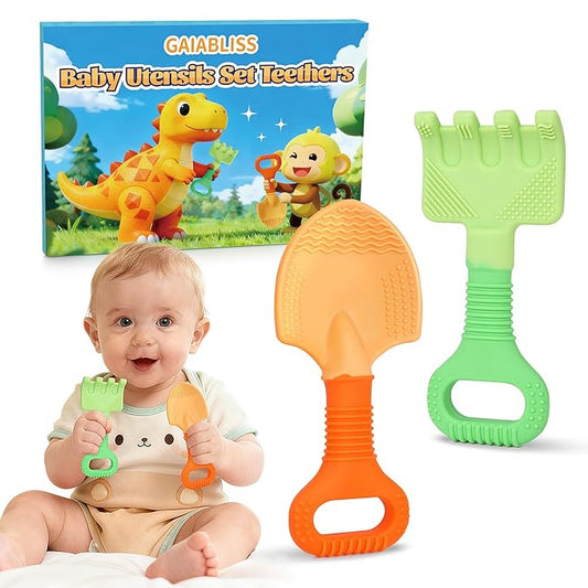 Baby Teething Toys, Baby Teether Toys Shovel & Rake Silicone Teethers for Babies 0-6 Months 6-12 Months, Multi-Texture Gum Massage Teething Relief Easy Grip for Infants Newborn Toddler, 2 Pack