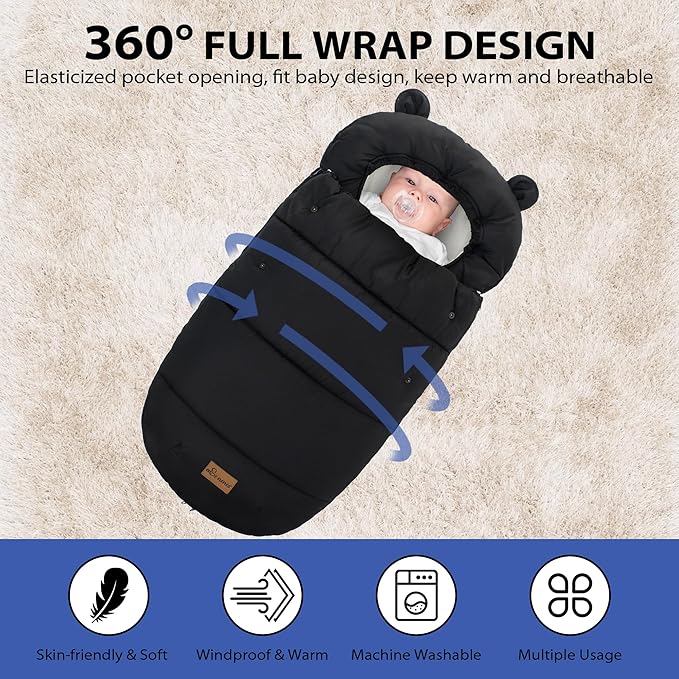 Universal Footmuff for Stroller, Baby Bunting Bags, Winter Windproof Warm Pram Footmuffs, Water Resistant Sleeping Bag with Hood for Strollers, Pushchairs, Prams, Car Seat, 35.4"*20.5"(Pure Black)