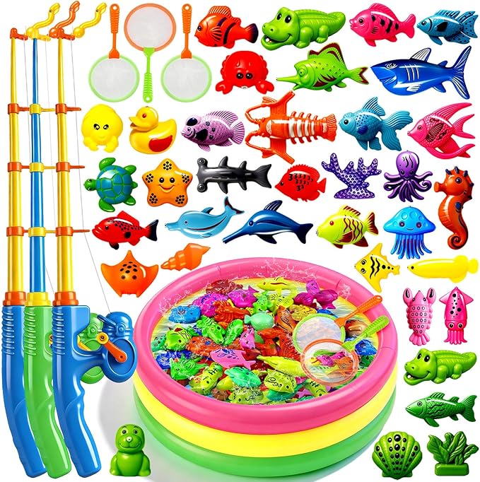 CozyBomB™ Magnetic Fishing Toys Game Set for Kids | Water Table Bathtub Kiddie Pool Party Pole Rod Net, Outdoor Plastic Floating Fish, Toddler Bath Color Ocean Sea Animals Birthday Gift Age 3-5 6 4-8