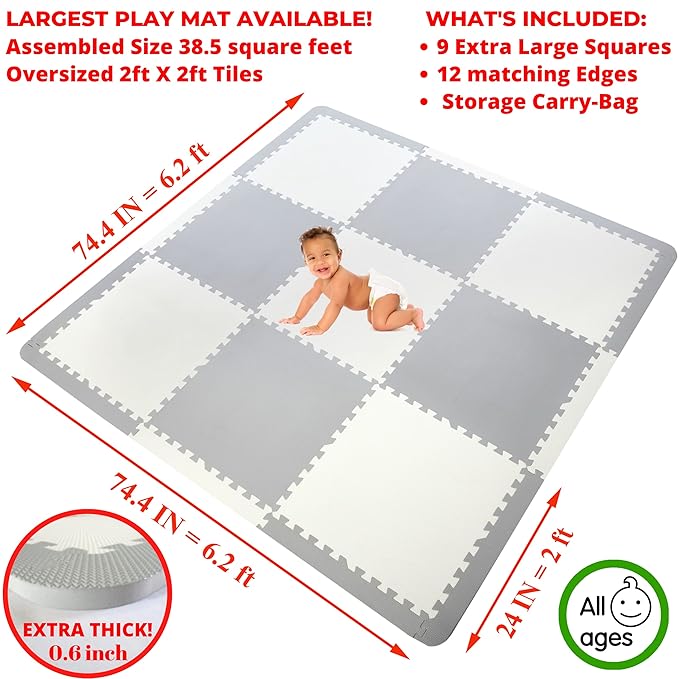 Extra Large Baby Play Mat Tiles Thick Foam Non-Toxic Floor Puzzle Mat Interlocking Activity Playmat for Infants Toddlers Kids Crawling Tummy Time 74x74 Inches (Grey/White)