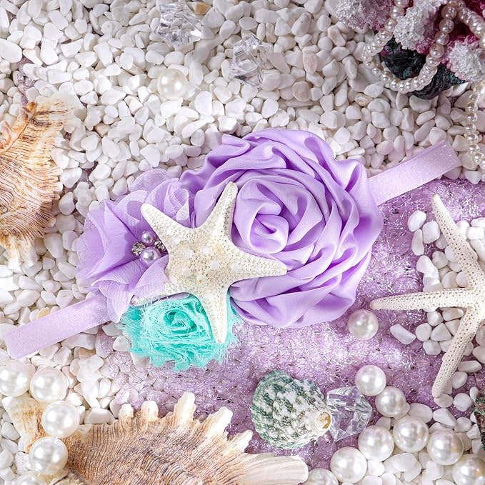 YanJie Mermaid Headbands Baby Girl Bows Starfish Baby Girl Hair Accessories for Party Lavender Headbands Newborn Bows Aqua Glitter Mermaid Accessories